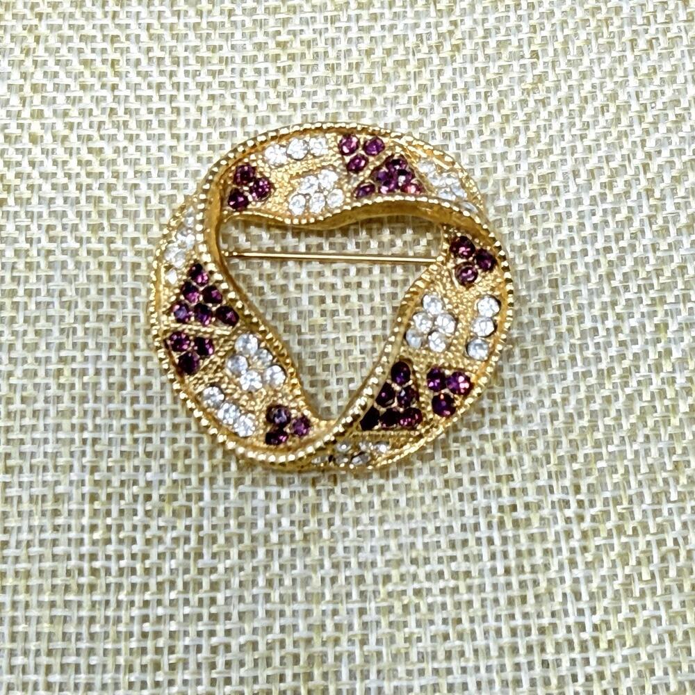 Vintage Pave Purple and Clear Rhinestone Twist Ribbon Brooch Pin